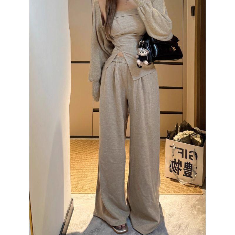 Kumikumi Idle Style Knitting Cardigan Outwear Women's Split Tube Top Vest Autumn Loose Casual Pants Three-Piece Set