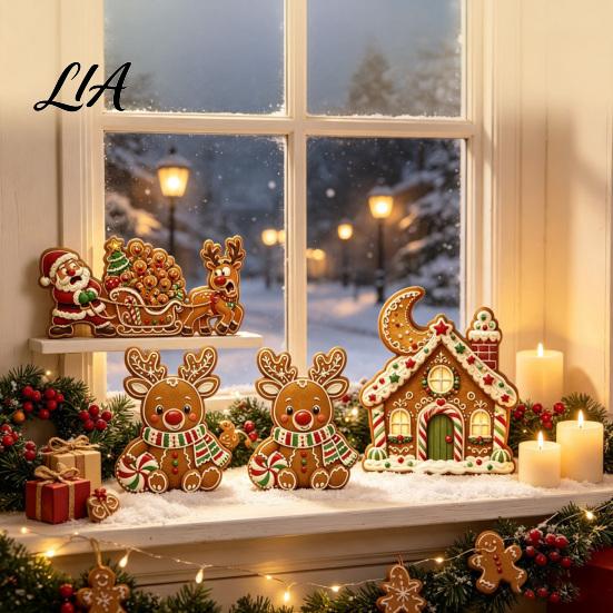 Christmas Party Supplies 3Pcs Gingerbread House/Elk/Santa Claus Ornaments, Tiered Tray Decor, Festive Fireplace Ornaments Rustic Wooden Figurines for