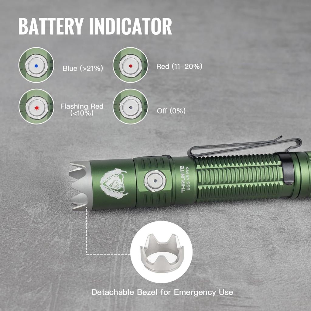 ThruNite BSS V6 Pro Tactical Flashlight, USB-C Rechargeable, Up To 1705 Lumens, 6 Lighting Modes, Dual Switch (Dark Green, CW)