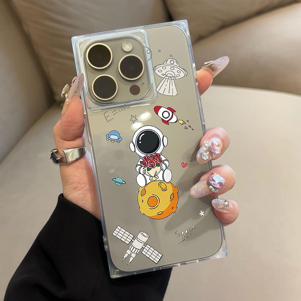 

Square Back Tube Protection Clear Case For iPhone 15 Plus 12 16 ProMax 11 13 14 Pro Max Anti-Oxygen,Get A Bouquet Of Astronauts Pattern Casing iphone 16