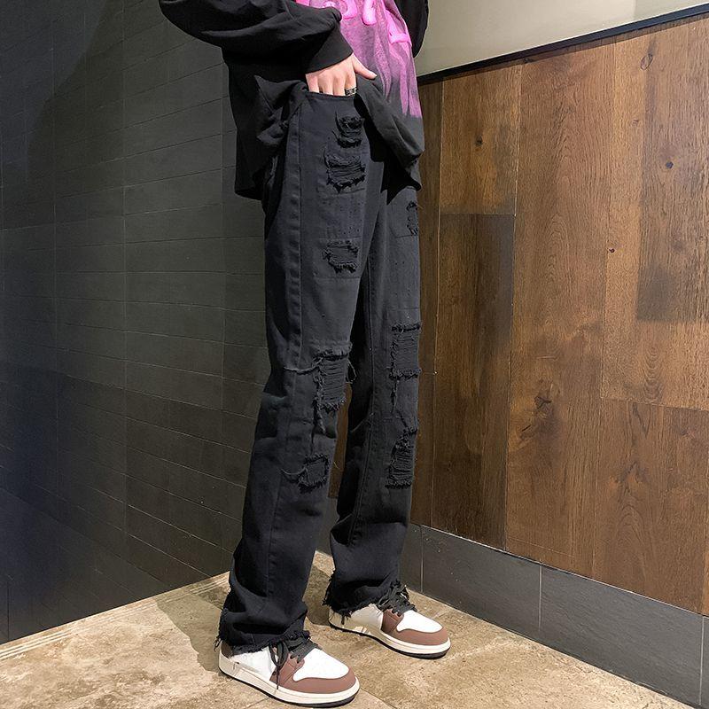 

Модные мужские джинсы, дизайнерские брюки в стиле хип-хоп, джинсовые брюки с грубыми краями, мужские джинсы высокого качества в стиле ретро L чёрный