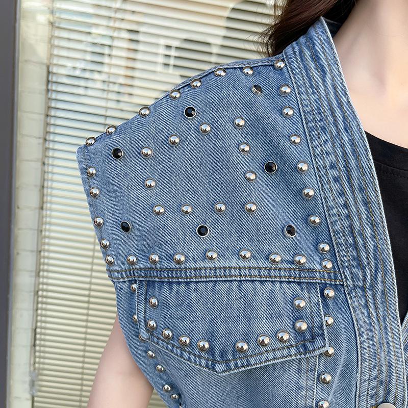 Sommer Damen Unregelmäßiges Perlen-Taillenbetontes Ärmelloses Jeans-Westen-Top