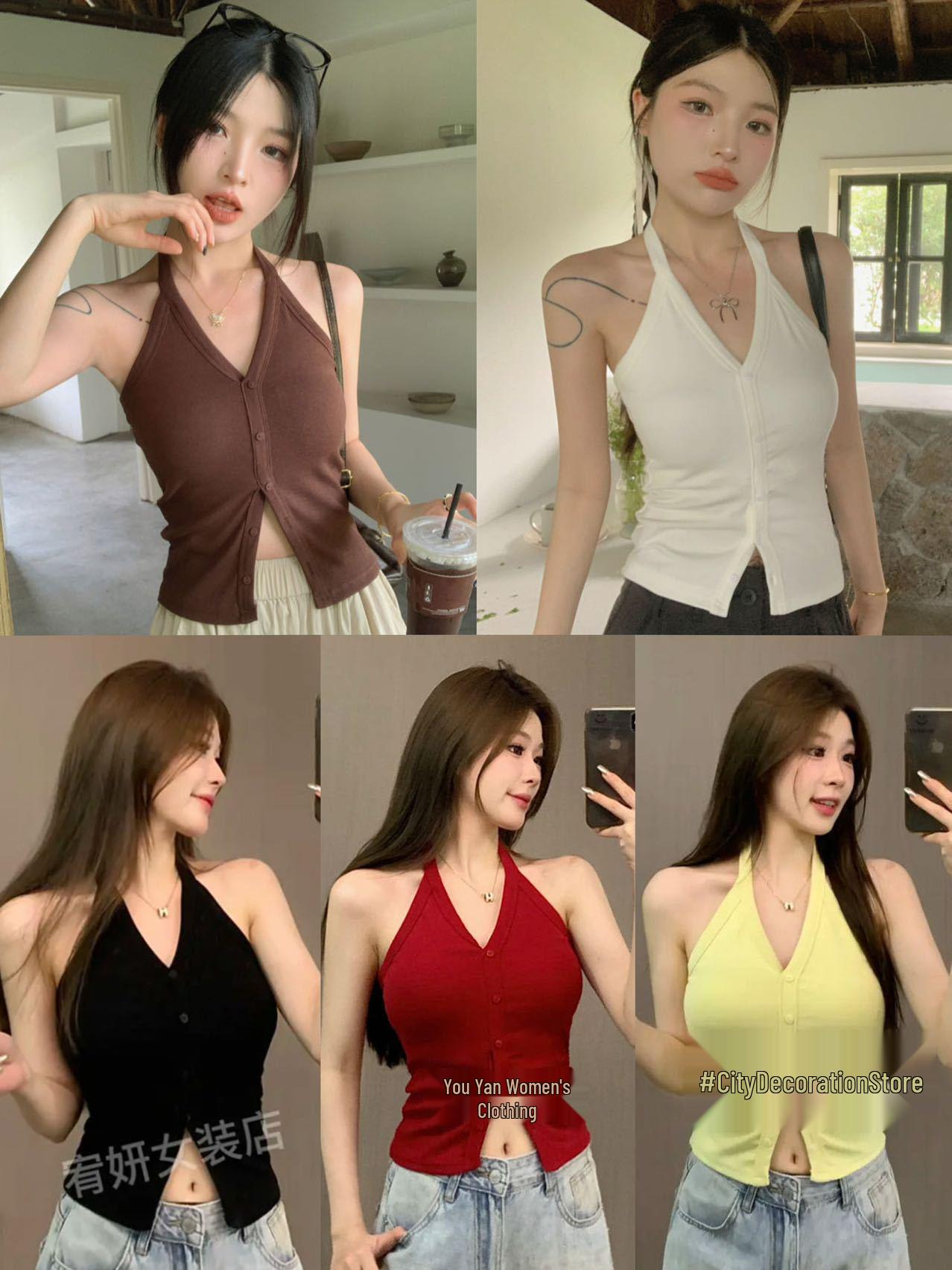 

Sweet Girl V-Neck Halter Tank Top with Chest Pads - Solid Color, Slim Fit, Summer Basic One Size (Recommended for 40-60 kg) кофейный