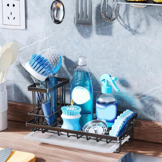 Kitchen Sink Sponge Holder with Drip Tray Stainless Steel Sink Caddy Organizer Non-Slip Pads Countertop Storage for Sponges Dish Soap Brushes