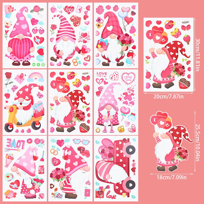 9 Sheets Valentines Day Window Stickers Cartoon Gnome I Love U Heart Shape Glass Stickers Decals Wedding Party Home Decoration