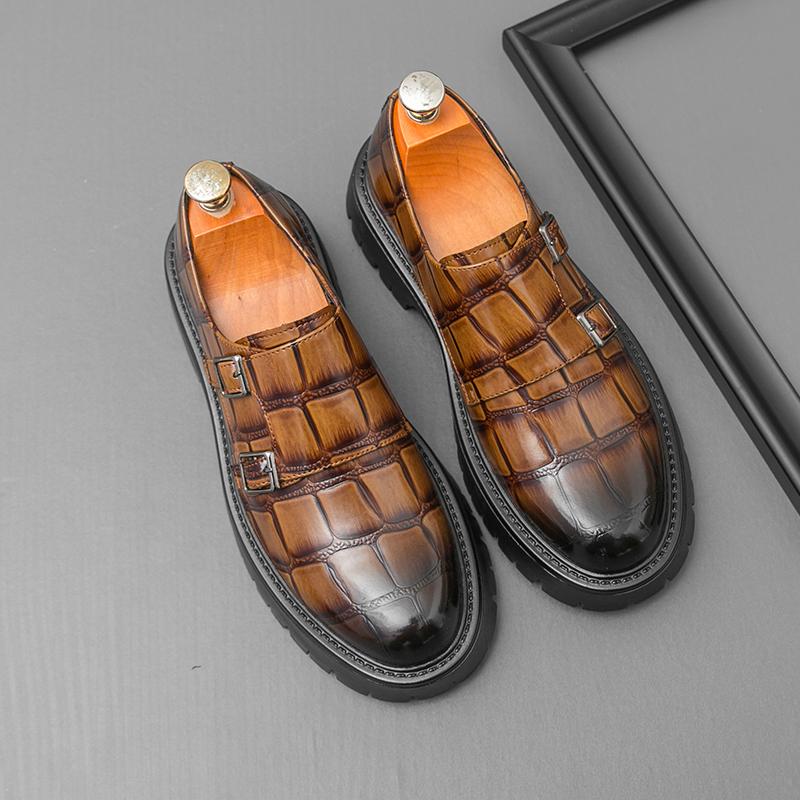 Retro Herren Höhenvergrößernde Slipper Schwarz-braun Lässig Dicksohlig Rutschfest Modisch Zum Knöpfen Lederschuhe Gesellschaftsschuhe Herren