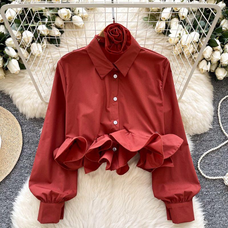 

Atmosphere Shirts Women s Spring Clothes French style Three-Dimensional Lace Design Short Lapel Long sleeve Shirt Ribbon Flower Top Brick Red One size