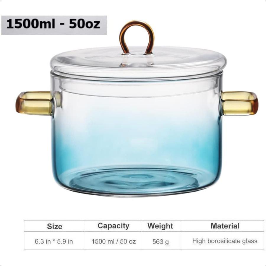 Glass Cooking Pot 1.5L 50OZ HeatResistant Borosilicate Glass Handmade Cookware Set stovetop Pot Safe for Pasta Noodle Soup Milk