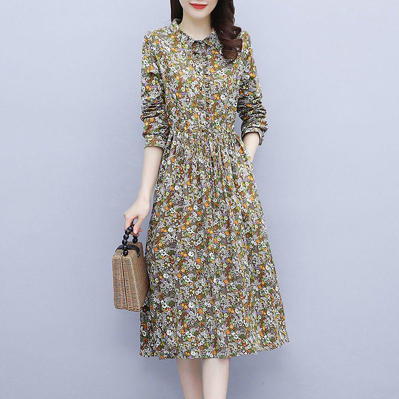 2026 Floral Print Plus Size Cotton Linen Spring Dress - Long Sleeve, Mid-Length, Slimming Design M цветочный/кофейный