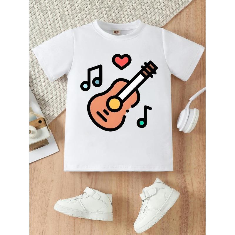 European sizes Adorable T-Shirt Featuring a Cartoon Guitar Design, with a Round Neck And Short Sleeves