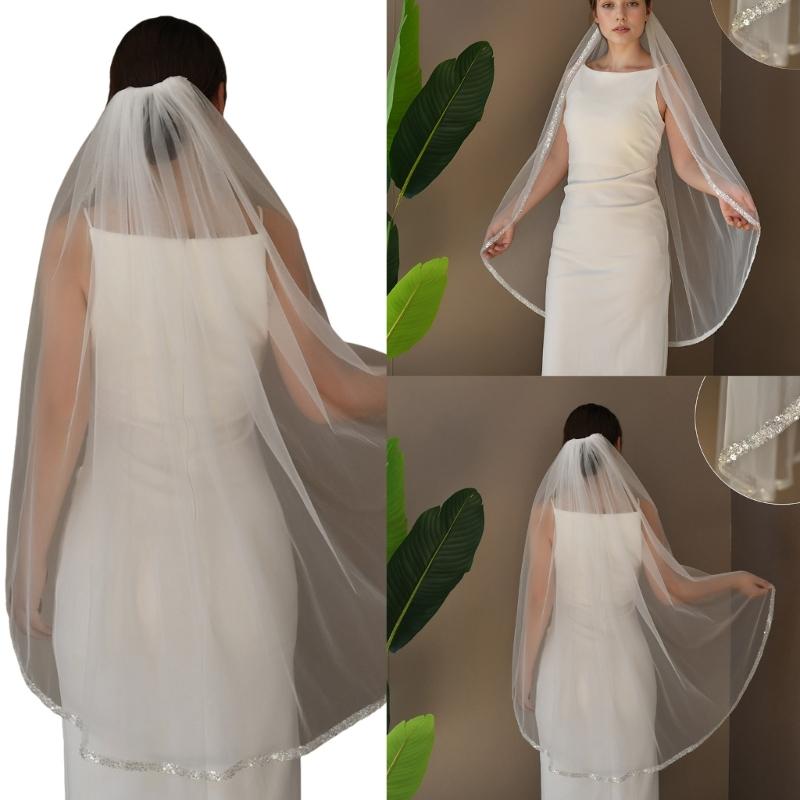 Delicate Beaded Edge Single Layer Bridal Veils Pearls Crystals Wedding Headpiece for Extended Ceremonies