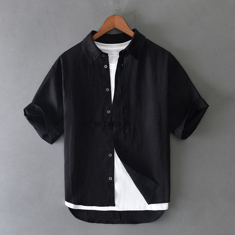 Summer Japanese Retro Linen Short Sleeve Shirt Men Chinese Style Niche Style Ethnic Design Loose Casual Shirt Thin