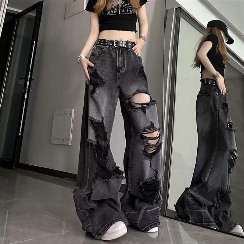 High Street Vintage Schwarze Ripped Jeans Mode Weite Hosen Damen High Waist Gerade Hosen Baggy Hosen Y2k Jeans
