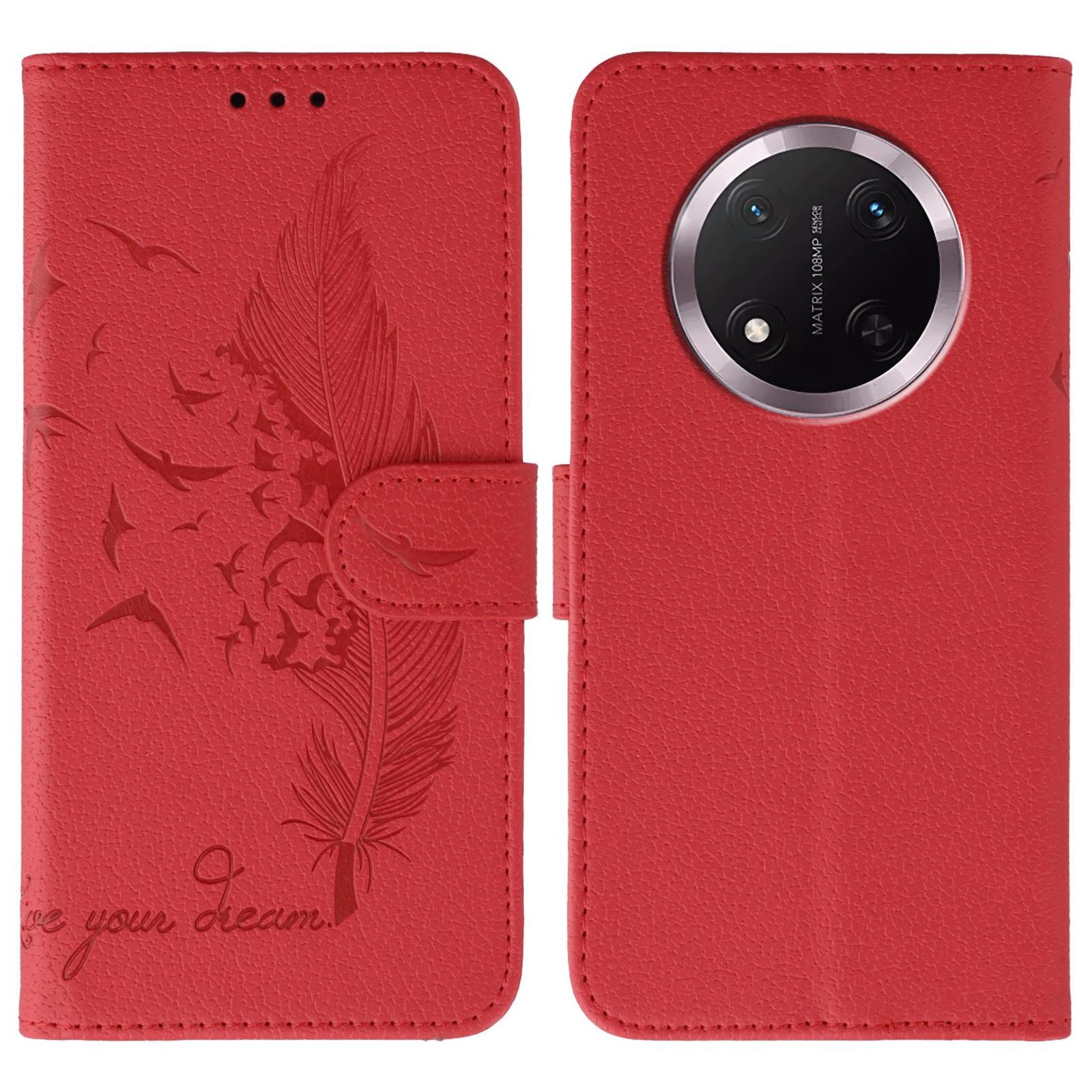 

Чехол для телефона для Honor Magic7 Lite 5G/X60 Pro 5G/X9c 5G с тиснением пера, кошелек-обложка из ПУ кожи Red