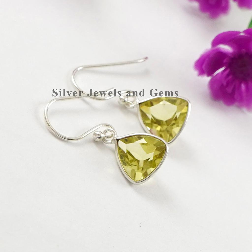 Natural Lemon Quartz Earrings, Trillion Shape Handmade Earring, 925 Sterling Silver Minimalist Earring, Light Weight Earring