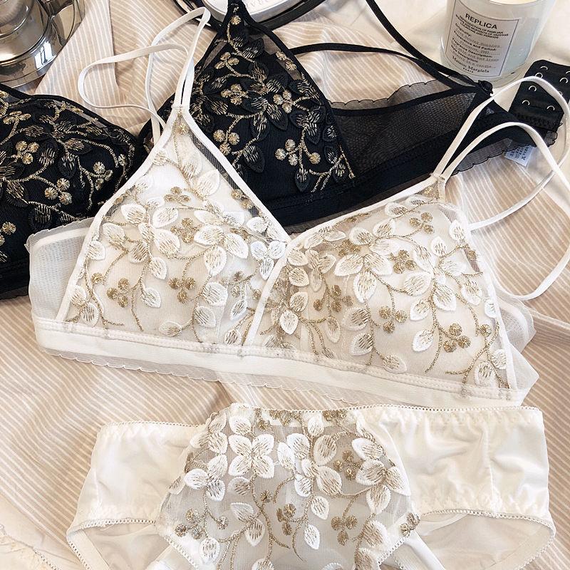 High-end new female sexy underwear embroidery without steel ring triangle cup thin upper support gathered to show small bra cover set