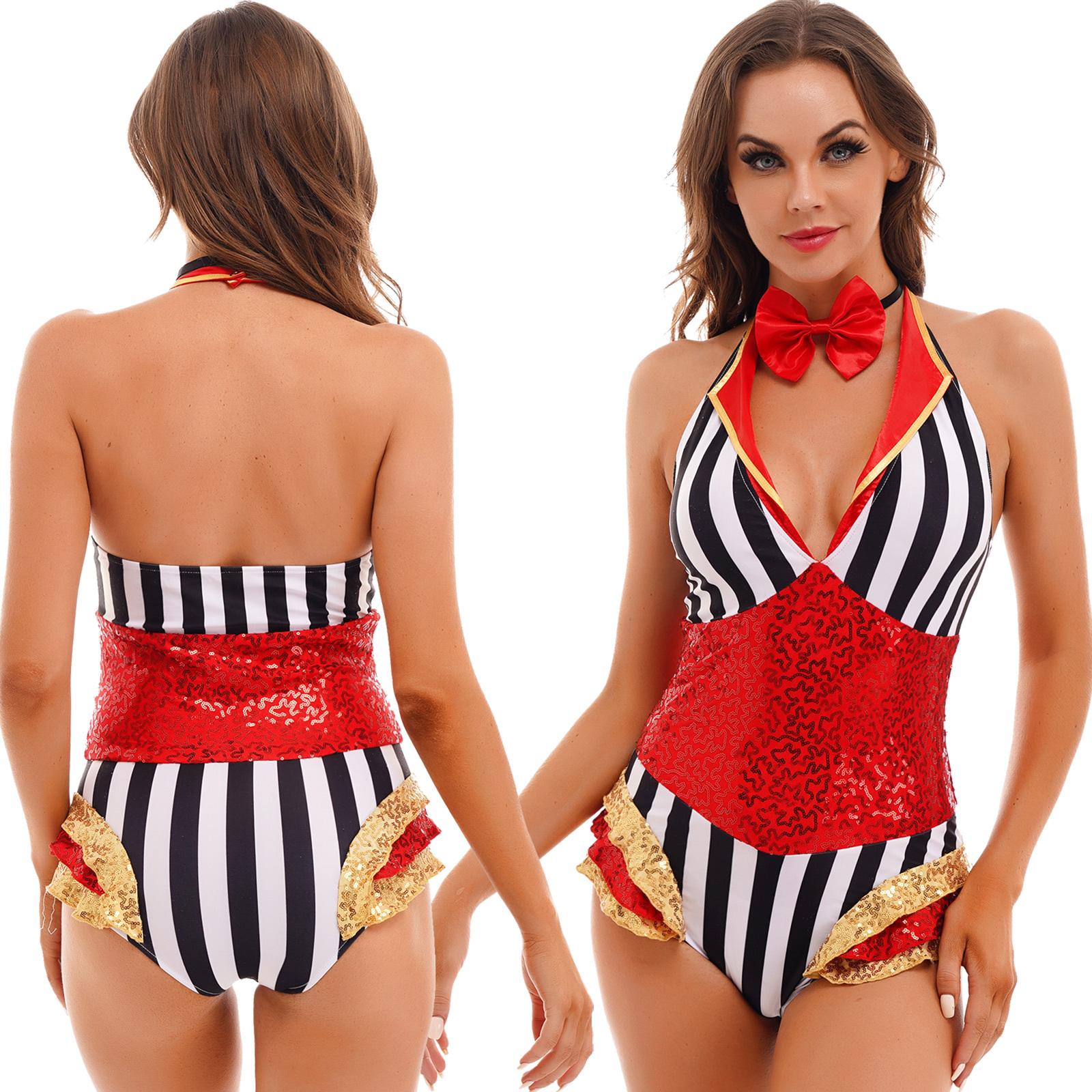 Costume de fête à thème de cirque d'halloween pour femmes, tenue de jeu de rôle Ringmaster, body à paillettes avec nœud papillon
