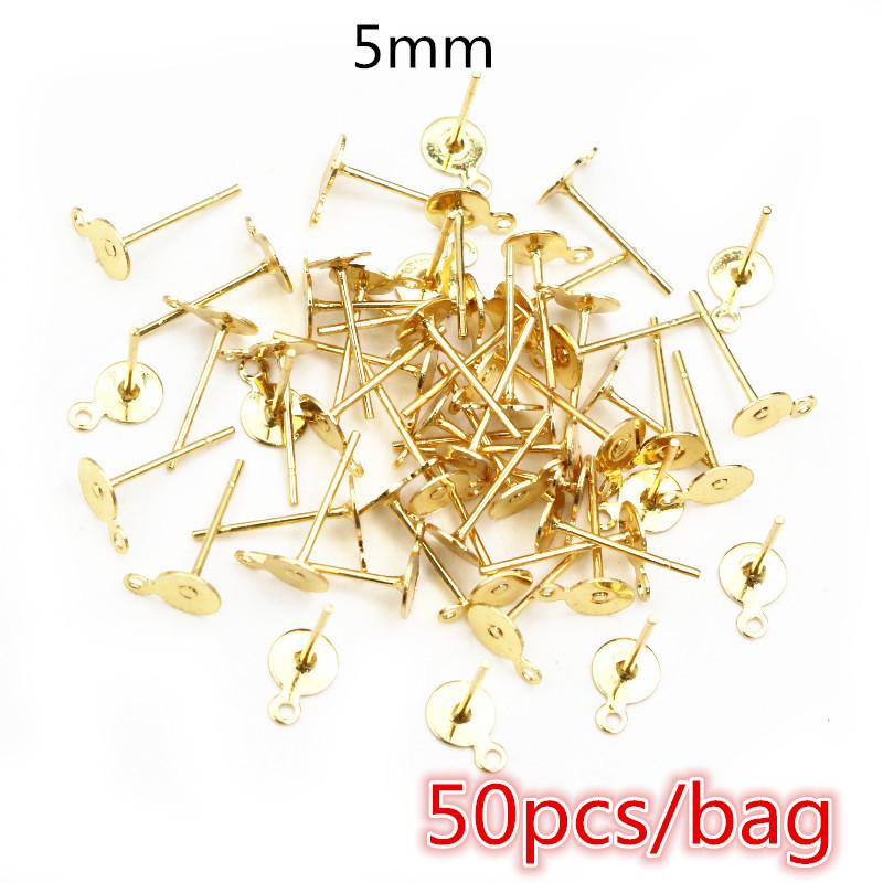 50-100pcs/lot No Fade Stainless Steel Gold Color Blank Earring Stud Fit 4 5 6 8 10 12mm Cabochon Cameo Settings Accessories DIY
