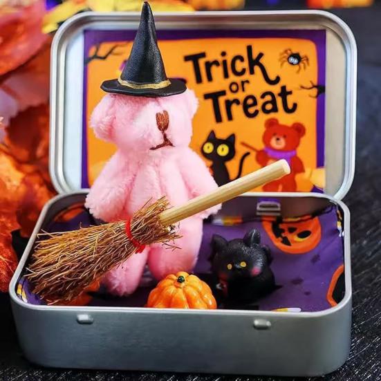 Halloween Bear In A Box Handmade Cute Witch Bear In A Tin for Trick or Treat Miniature Plush Bear with Broom Pumpkin Cat Halloween Party Gift