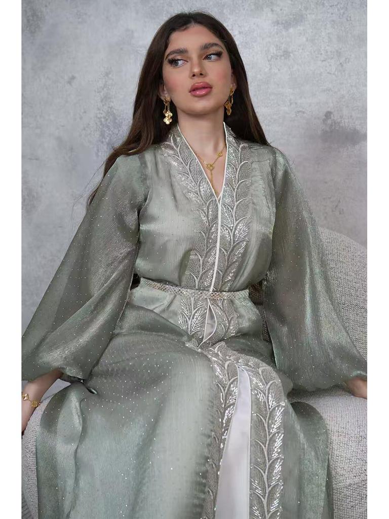 AB453 Puff Sleeve Cardigan: Elegant Long Dress & Robe Set with Hot Drill Accents