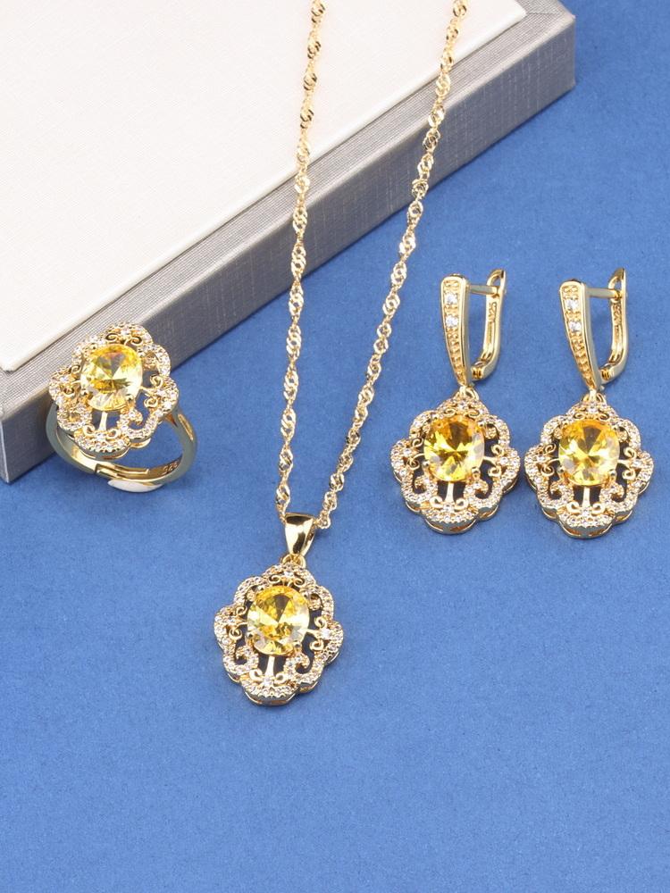 12-Colors Colorful Zircon Jewelry Accessories Gold Plated Bridal Wedding Sets Necklace And Earrings Ring For Women Gift