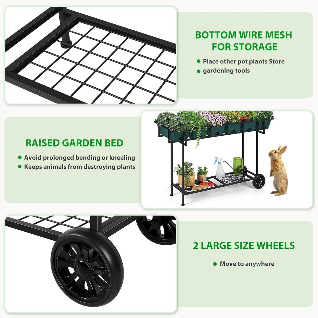 43x17x29 Plastic Raised Garden Bed | Wheels+Storage | Elevated Outdoor Planter for Vegetables & Flowers | Backyard/Patio/Balcony