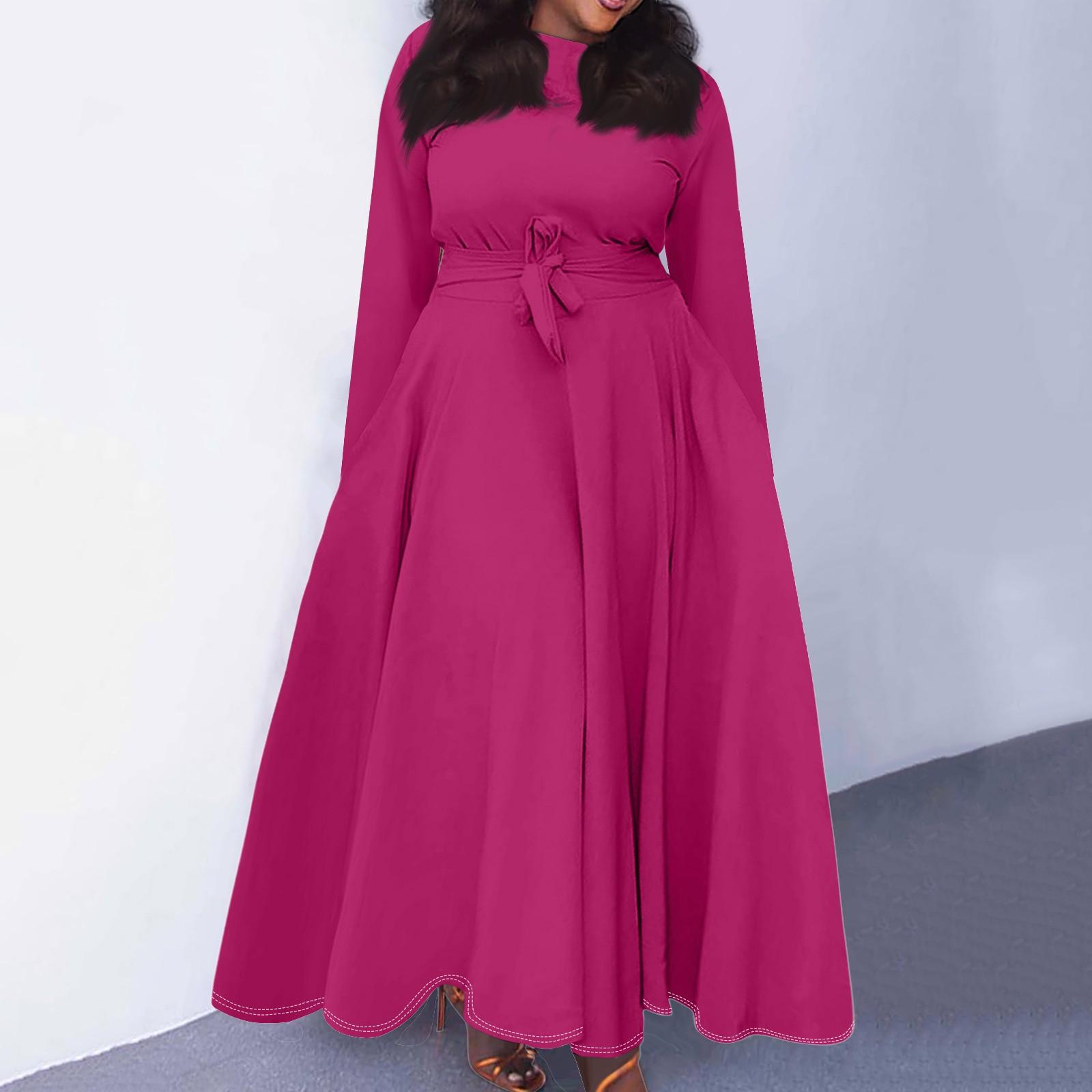 

Women s Casual Fashion Large Size Round Neck Long Sleeve Pocket Straps Swing Dress Casual And Comfortable XXL гарячі рожевого кольору