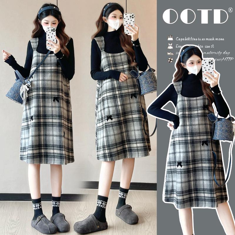 

New Autumn/Winter Korean Plaid Bowknot Mid-Length Woolen Plus Size Maternity Dress XL