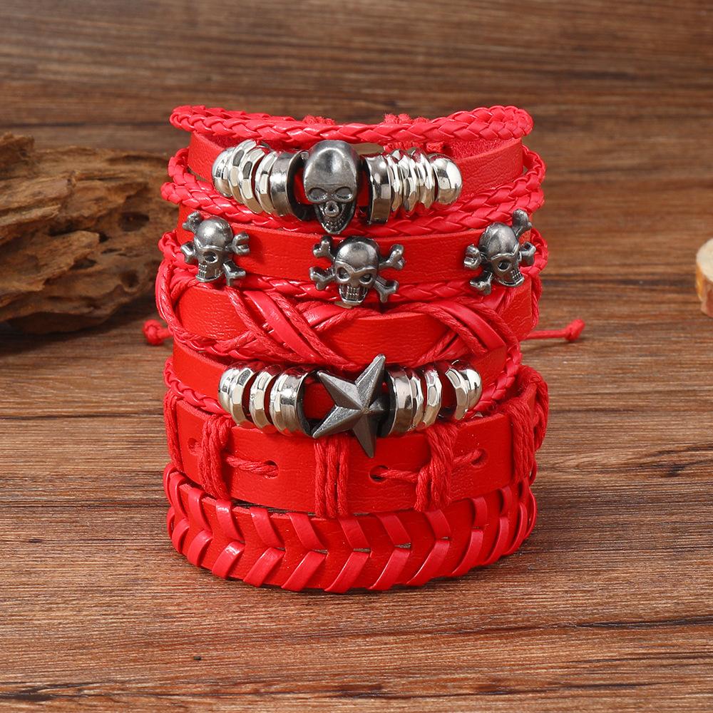 Foreign Trade Direct Supply Multi-color Alloy Skull Woven Leather Jewelry Men's Multi-layer Hand-woven Bracelet