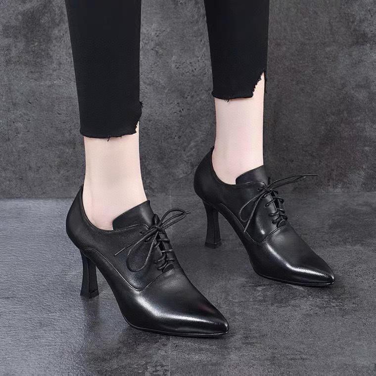 Pointed high heels women's autumn black first-layer cowhide lace-up stiletto fashion shoes two kinds of high-depth single shoes