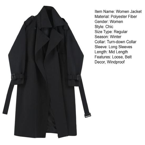 Women Windbreaker Turn-down Collar Loose Pure Color Coat Long Sleeves Belt
