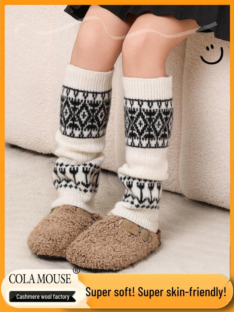 Girls' Jacquard Retro Wool Leg Warmers - Thick, Warm Mid-Calf Socks for Autumn & Winter.