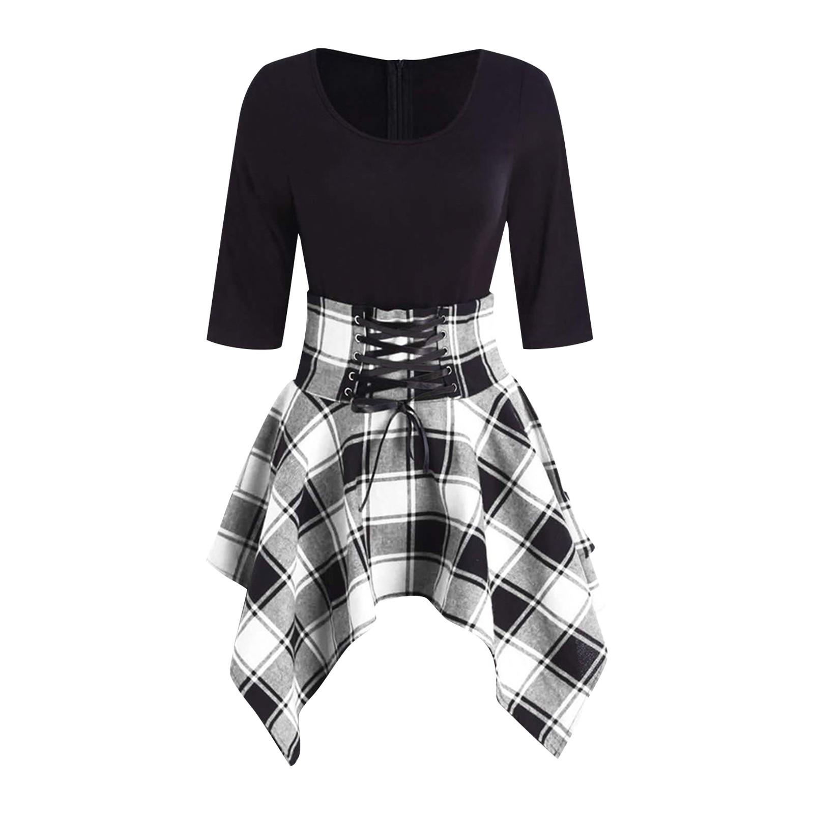 

Женское платье с коротким рукавом и круглым вырезом в клетку с принтом, платья с нерегулярным подолом XXL белый