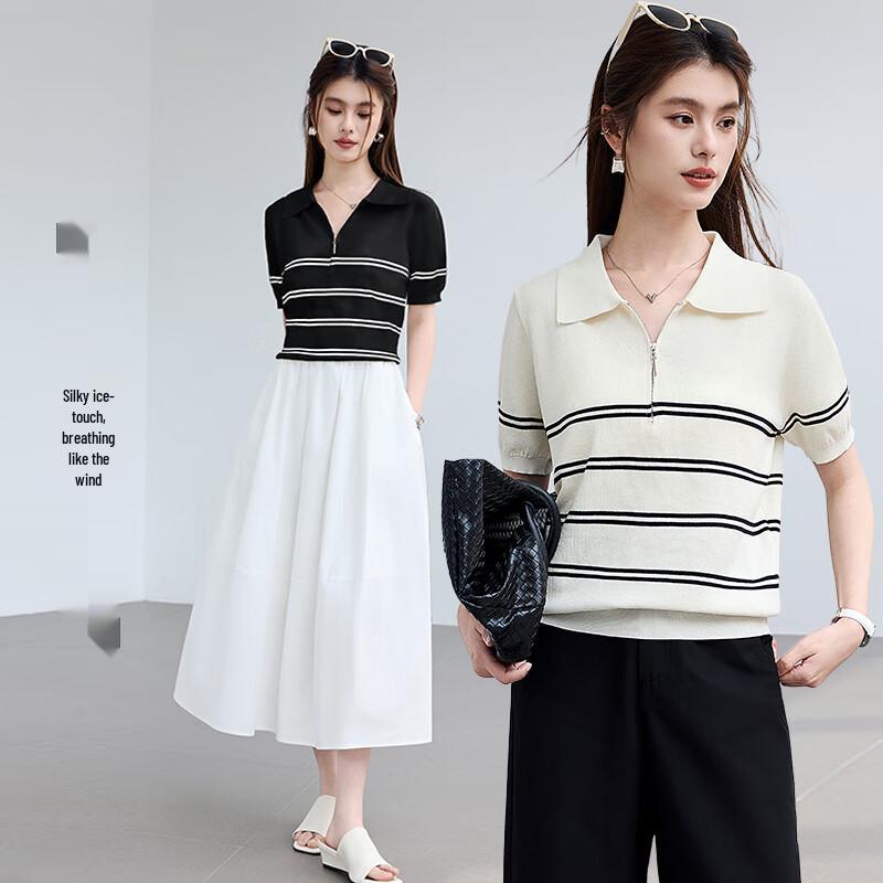 VICTORIA&VERA Women's Striped Zipper Polo Knit Top