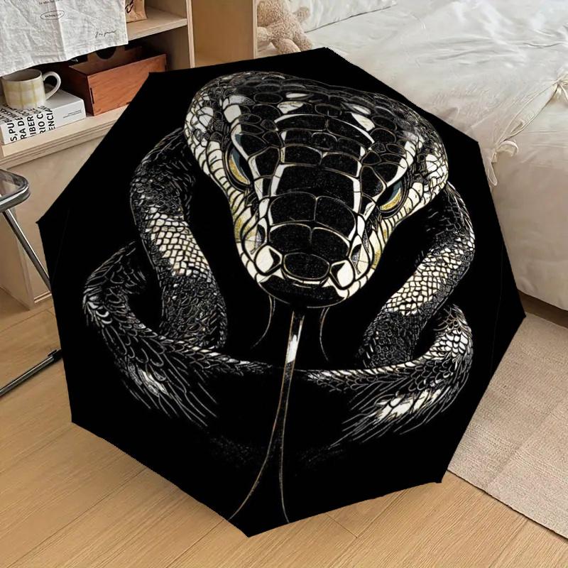 Black and White Snake Head Print Automatic Opening Folding Umbrella with 8-Bone Iron Frame - Perfect for Fans, Travelers, Daily Use, and Fes