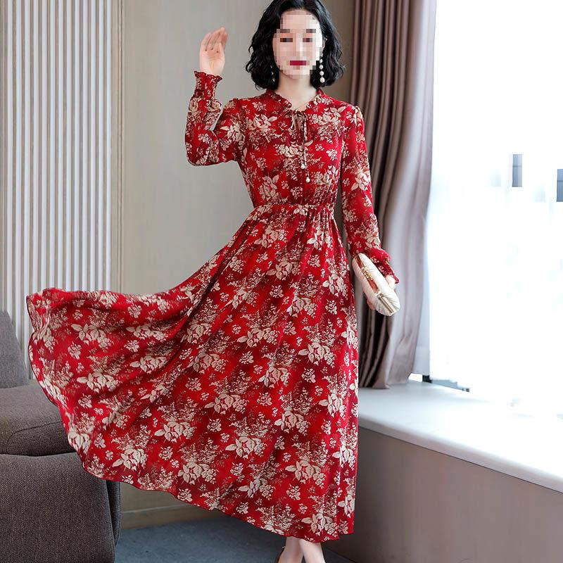 Women's Floral Chiffon Dress: Plus Size, Long Sleeve, Slimming Waist, Spring & Autumn Style