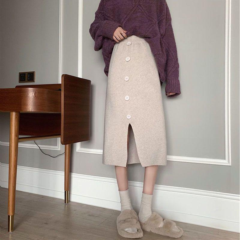 Mid Length Knitted Half Length Skirt for Women In Autumn and Winter High Waist Versatile Split Skirt A-line Hip Wrapping Skirt