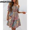 IHUASU Damen Sommer Mode Ein Schulter Kurzararm Farbverlauf Print Rüschen Mini Kleid