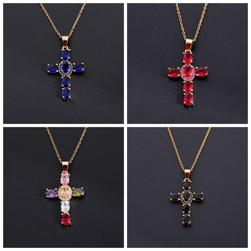 Stainless Steel Waterproof Gold Color Cubic Zirconia Cross Pendant Necklace for Women Fashion Vintage Jewelry Christmas Gift