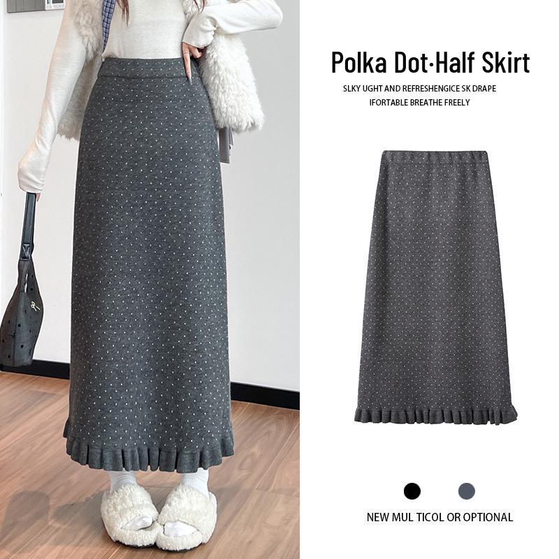 2025 Autumn/Winter Women s Polka Dot Lace Knit A-line Skirt - High Waist, Slimming, Lazy Style Medium серый