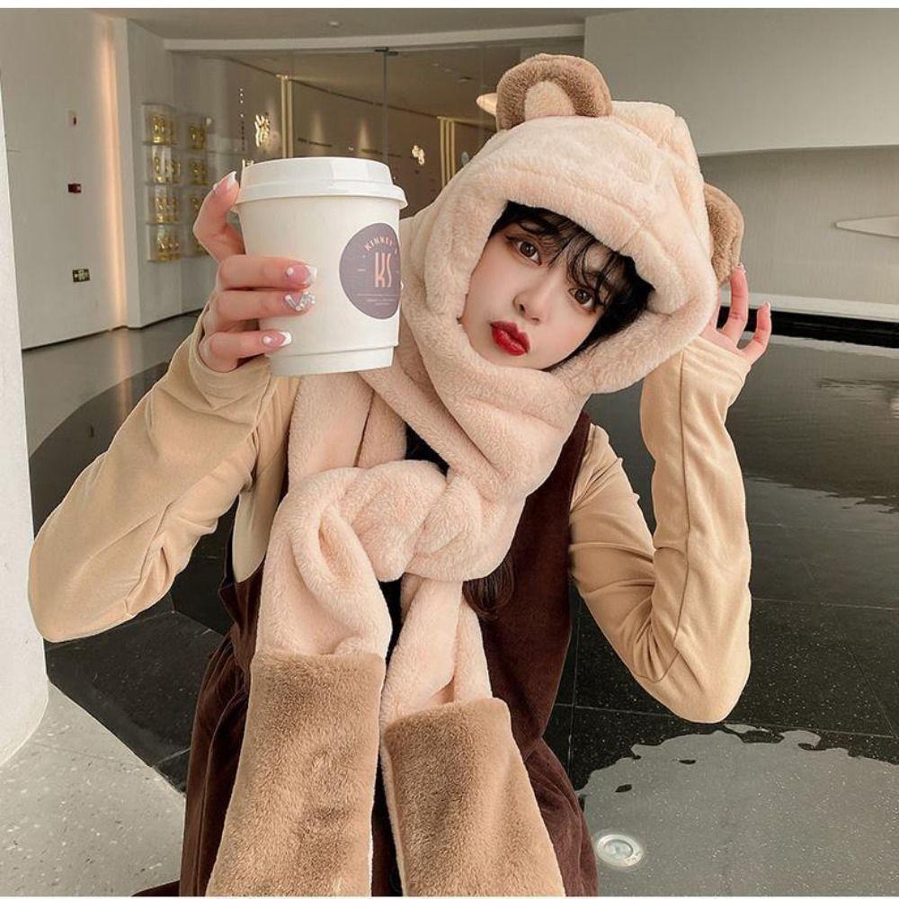 Cute Cartoon Bears Ears Plush Hat Warm Soft Hat Scarf Gloves Set Windproof Ear Protection Cap Women