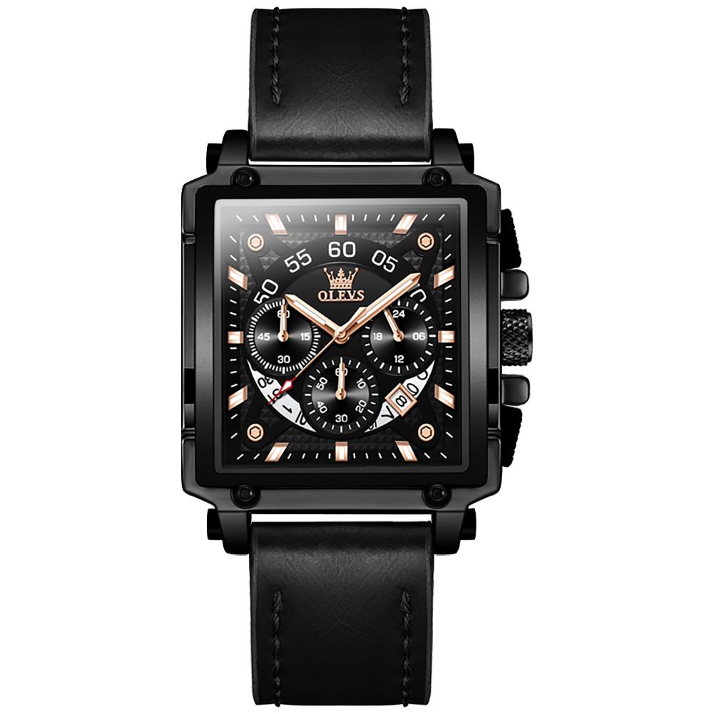 OLEVS 9919 OEM-Logo Armband Klassische Uhr Echtes Leder Kalender Multifunktionaler Chronograph Quadratische Quarzuhr für Mann