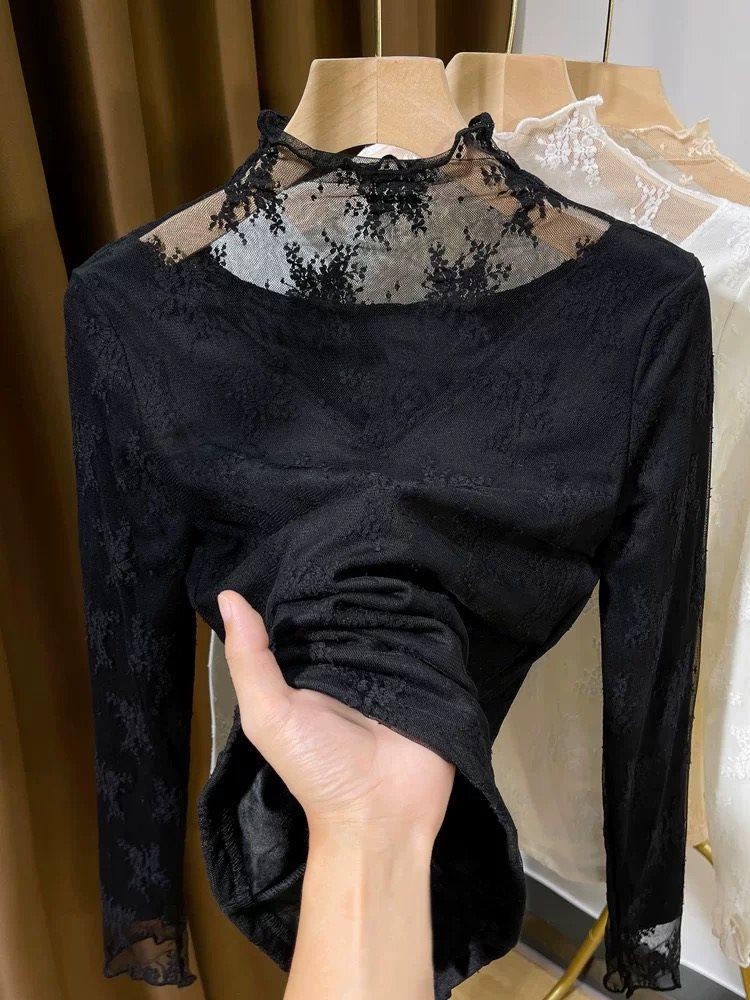 

Женский свитер с высоким воротником, флисовой подкладкой и кружевной основой - Модный сетчатый базовый слой для весны-осени 2025 XL