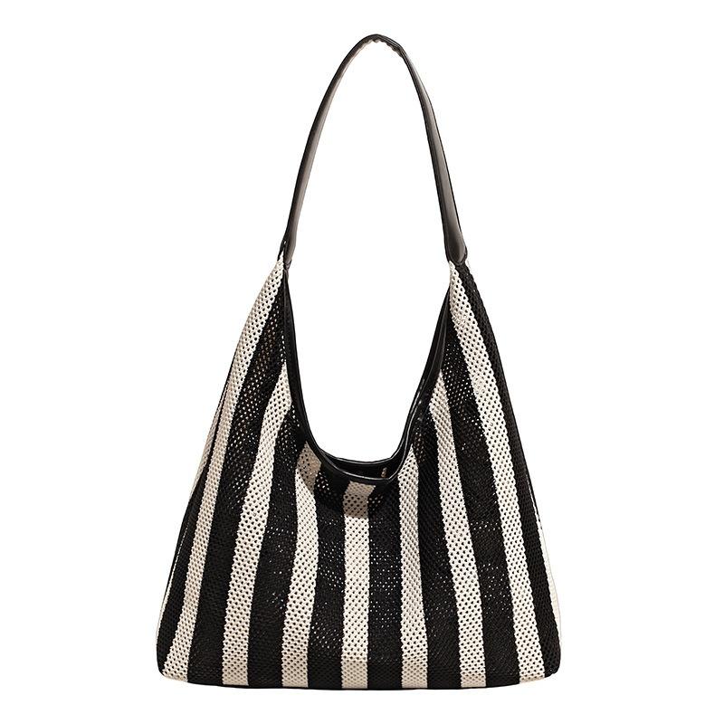 Niche woven bag shoulder striped large bag new tote bag leisure vacation wind beach bag bucket bag