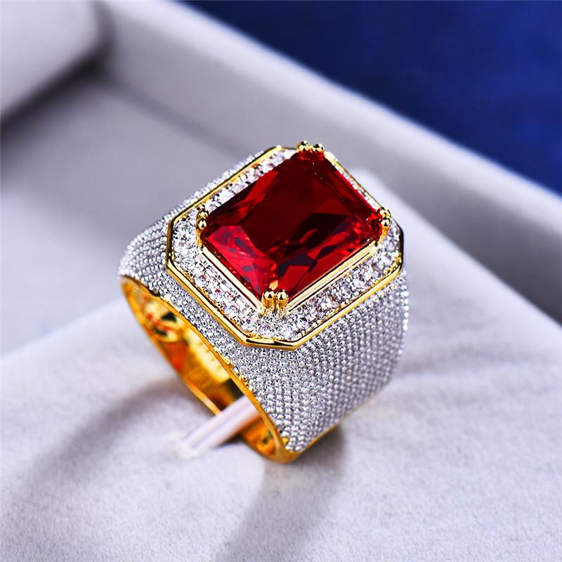 Gorgeous Big Male Female Red Zircon Stone Ring Large Yellow Gold Color Engagement Wedding Jewelry For Women