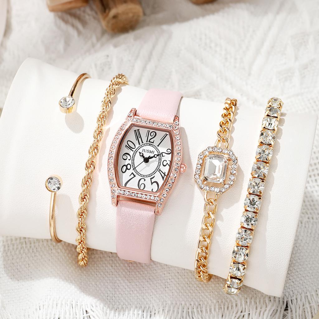No gift box Simple and fashionable diamond surface leather belt watch   crystal diamond bracelet 5 pieces set