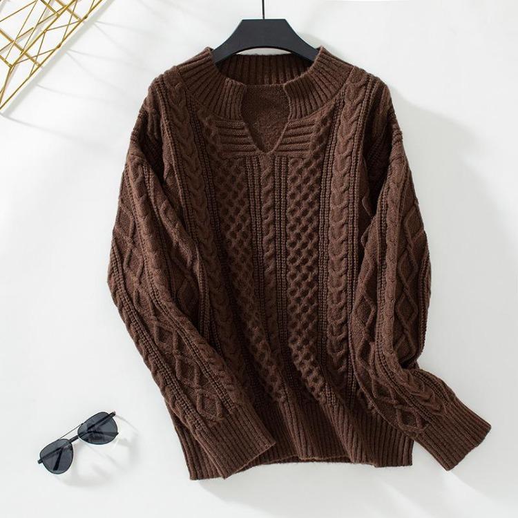 Vintage Knitwear Sweater Loose Long Sleeve V-Neck Pullover Solid Color Top Autumn Winter
