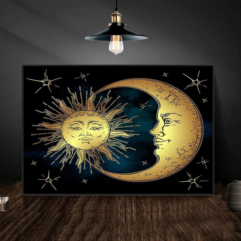 Fantastici Poster del Sole e della Luna per Soggiorno Decorazioni per la Casa Pittura su Tela Astratta Solare e Lunare Arte da Parete Cuadros Senza Cornice