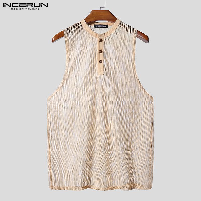 INCERUN Men Sleeveless See Through Hollow Out Loose Tank Tops