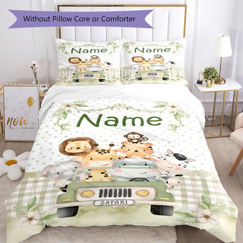 3pcs Custom Name Animals Bedding Set Duvet Cover Closure Includes 1 Duvet Cover & 2 Pillowcases, Soft and Comfortable for All Seasons.